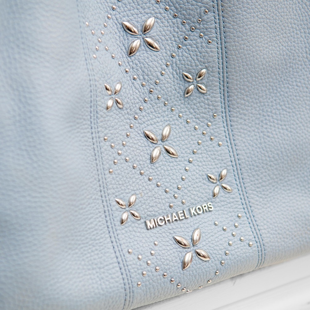 Michael Kors Leighton Light Blue Pebbled Leather Studded Floral Shoulder Bag
